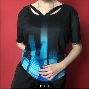 Mid sleeve cross strap top with blue accents💙🖤​​​​​​​​​​​​​​​​​​​​​​​​